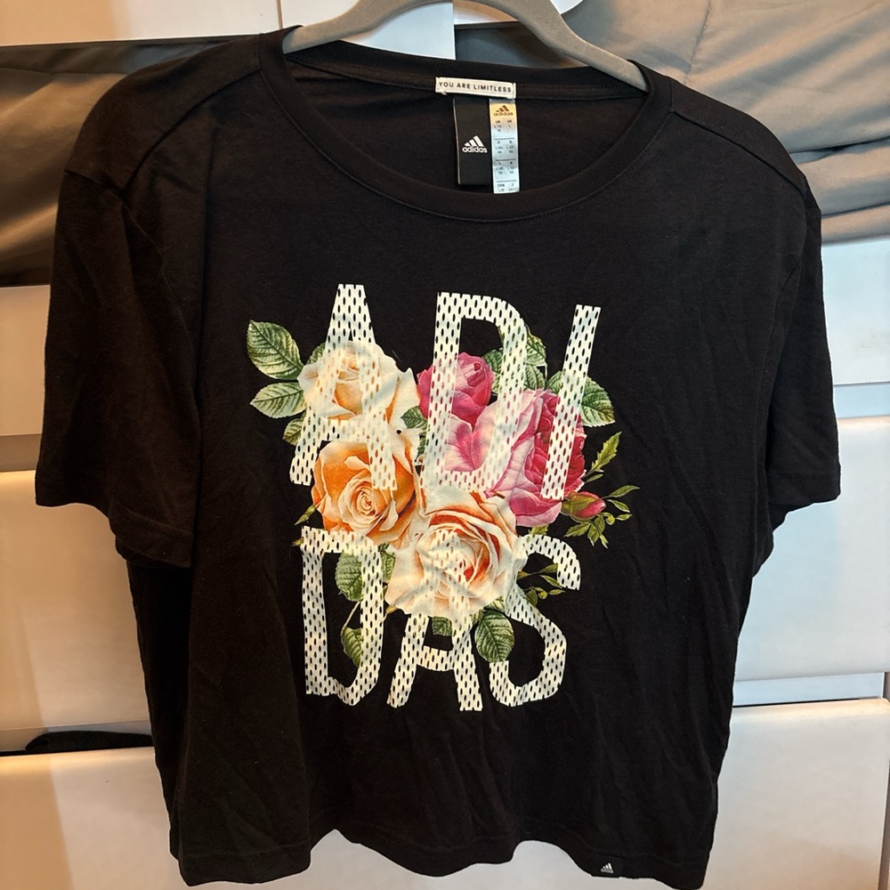 Adidas Black Tee with Floral Logo